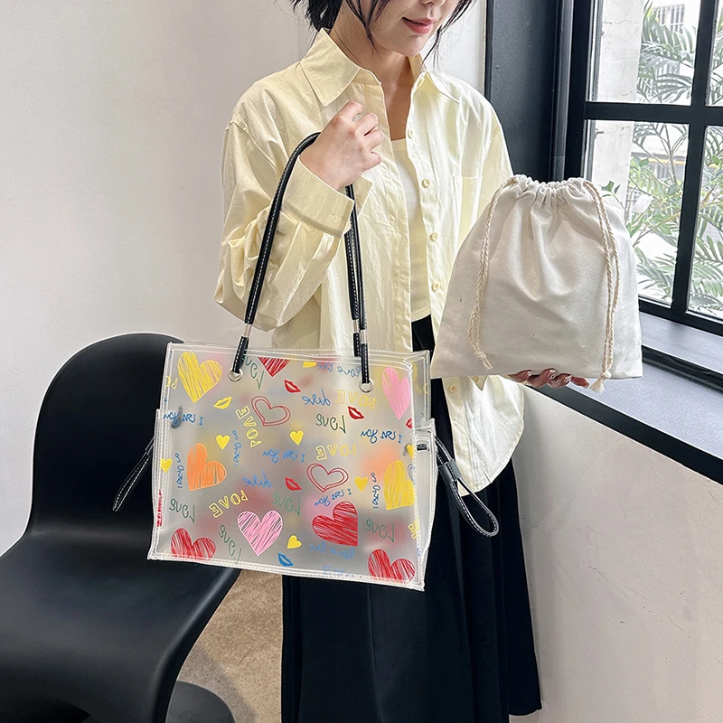 2-IN-1 Shoulder Bag Sets For Women 2023 Summer Beach Tote Bag PVC Transparent Jelly Handbags Female Large Capacity Shopper Totes