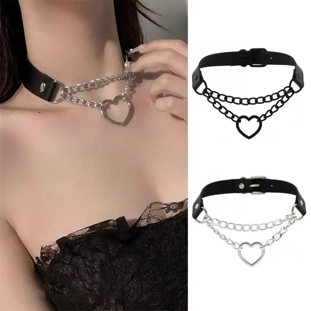 الاتجاه المعادن الجلود الشرير المختنق طوق قابل للتعديل القلب قلادة القوطية سلسلة عنق القوطي القلائد ملهى ليلي #2
