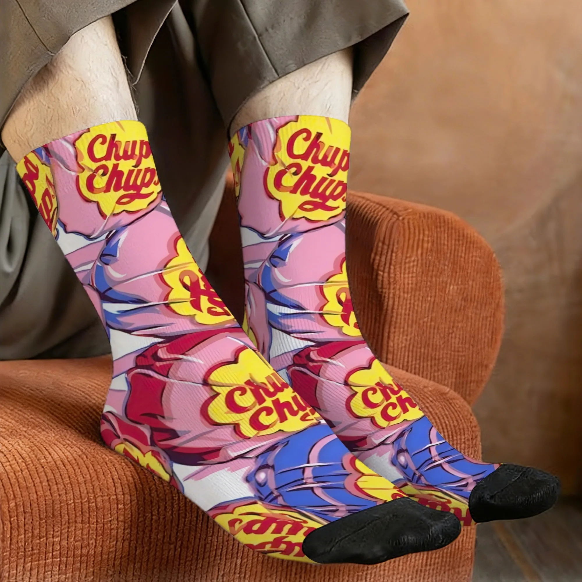 1 Paar Chupa Chups Fruit Lollipop-Socken, lebendige Cartoon-Süßigkeiten, atmungsaktiv, perfekt für Freizeit- und Sportbekleidung, ideales verspieltes Geschenk