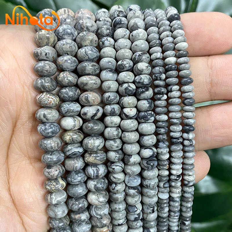 Smooth Natural Gray Map Jaspers Rondelle Loose Round Spacer Beads 15'' 6/8/10mm DIY Women's Bracelet for Jewelry Making Necklace