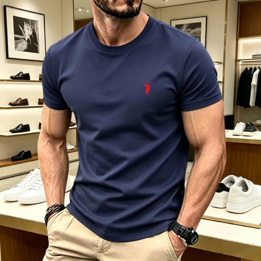 High end ice silk short sleeved men's round neck top summer fashion Spurs embroidery design cool breathable casual Paul T-shirt