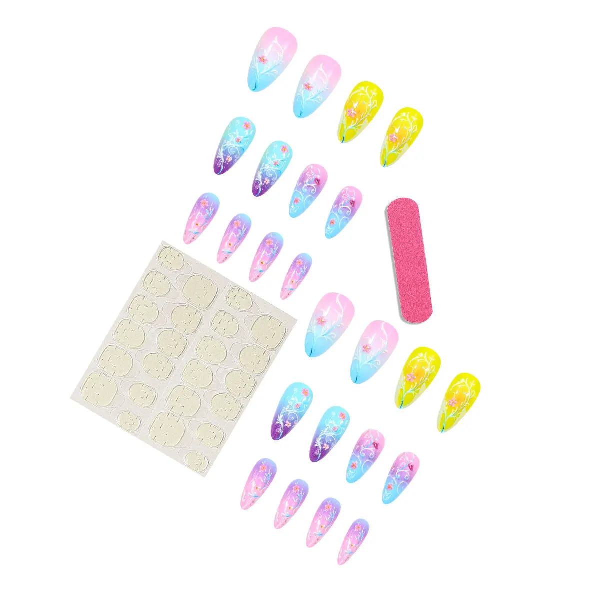 24pcs Macaroon สีอัลมอนด์เล็บปลอม Gradient สายรุ้งดอกไม้รูปแบบพิมพ์กดบนเล็บหวานเกาหลีสไตล์เล็บปลอมเคล็ดลับ