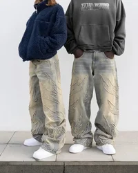 2024Y2k Männer Jeans Harajuku Punk Casual Hosen Retro Hip Hop Lose Gestickte Denim Split Pelz Rand Hosen Männer und Frauen