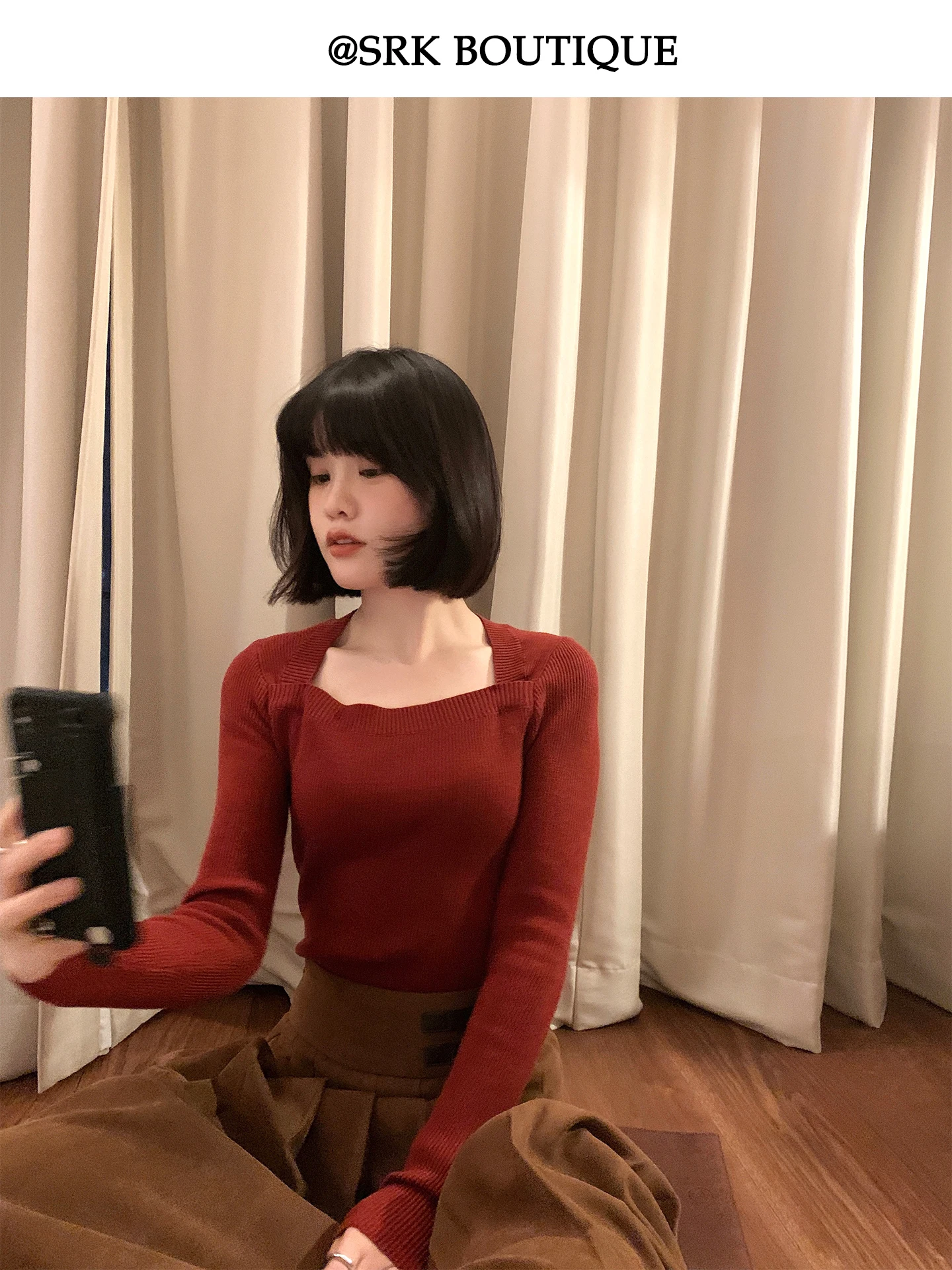 

Женский вязаный свитер SRK Retro Aosphere с квадратным вырезом, осенне-зимняя новинка, базовая модель для многослойных образов, стройнящий силуэт