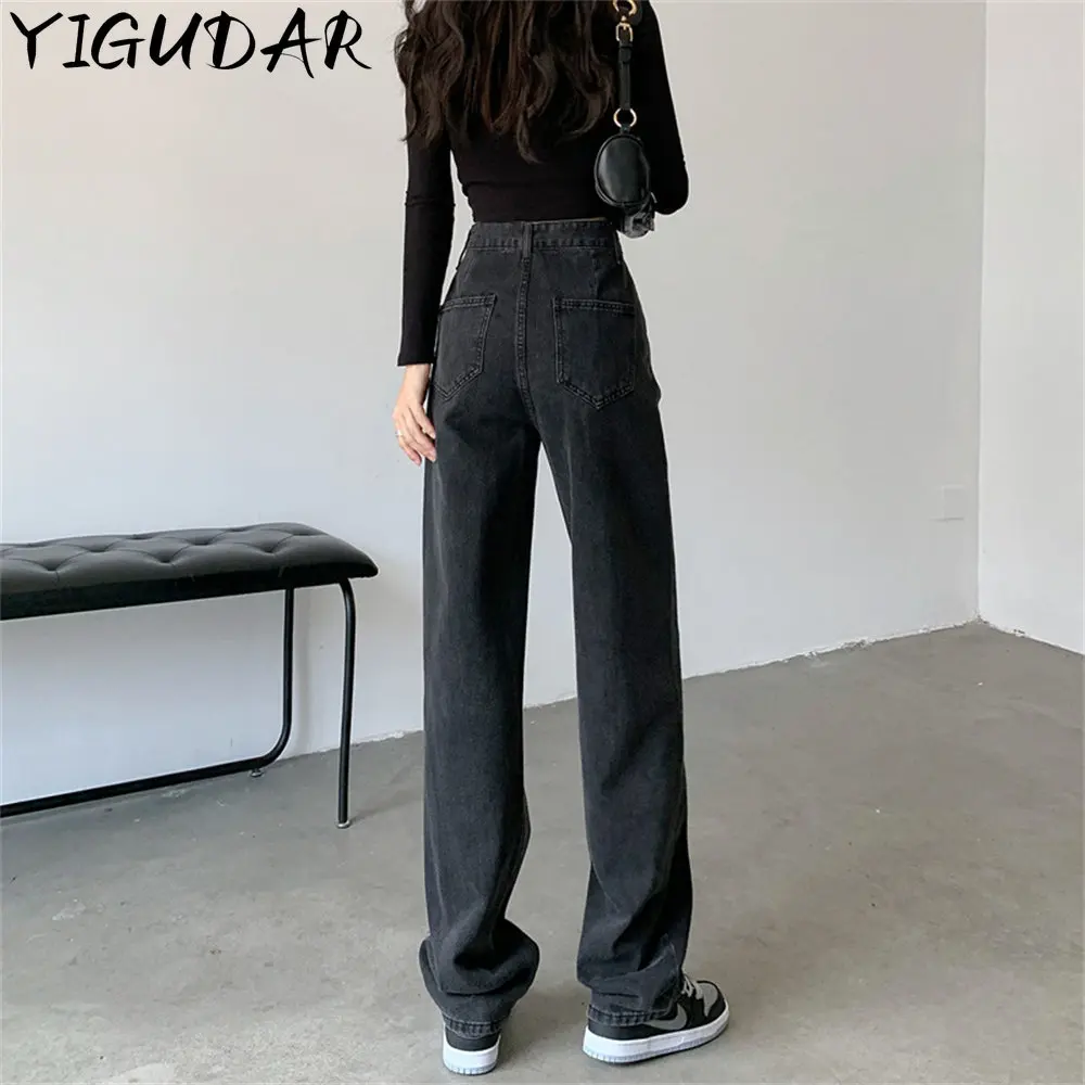 

Jeans Women All-match Korean Style Mopping Trousers Denim Vintage Black Solid High Waist Autumn Baggy Chic Ulzzang Street Casual