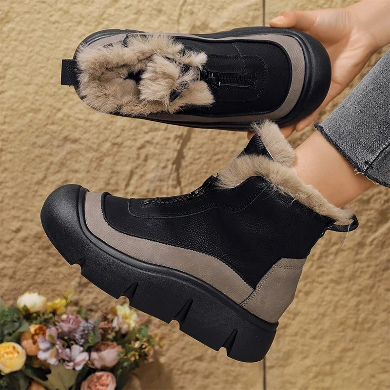 Leather Platform Ankle Snow Boots Women Fur Warm Shoes 2025 Winter New Flats Chelsea Brand Luxury Sneakers Women Plush Boots