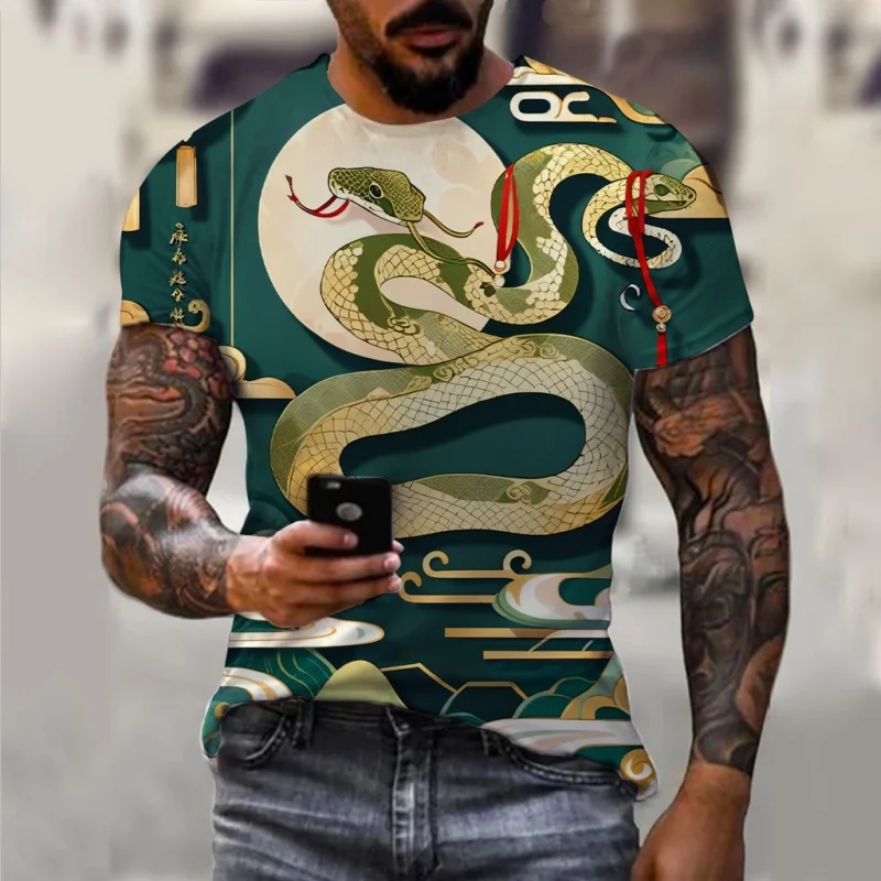 Year Of The Snake Pattern T-Shirt For Men Chinese Zodiac 3D Print Tees Short Sleeve Street Loose O-Neck Tops Unisex T Shirts