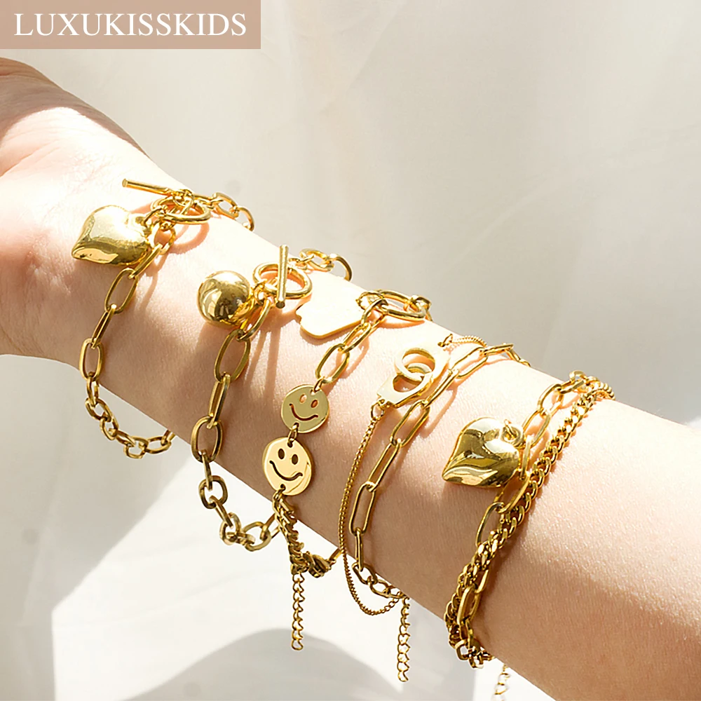 LUXUKISSKIDS Boho Women Premium Bracelets Stainless Steel Y2K Accessories Chunky Golden Aesthetic Jewelry On Wrist Girls Gifts