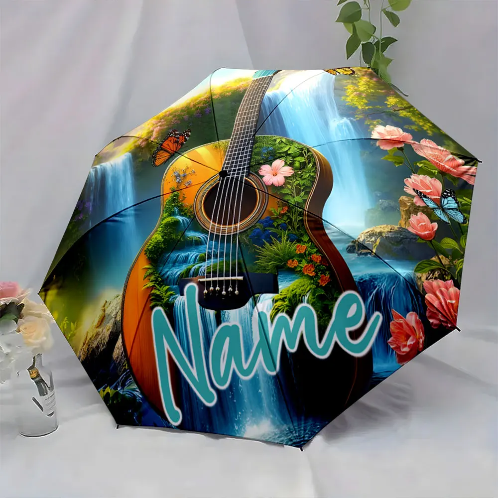 Custom Name Artistic Guitar and Nature Themed Umbrella Design Print 8 Iron Ribs Folding Umbrella Auto-Open Fashion Sunshade