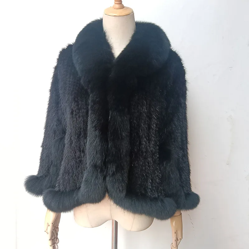 Women Knitted Real Mink Fur  Poncho With Real Fox Fur Collar Female Luxury Genuine Fur Wrap