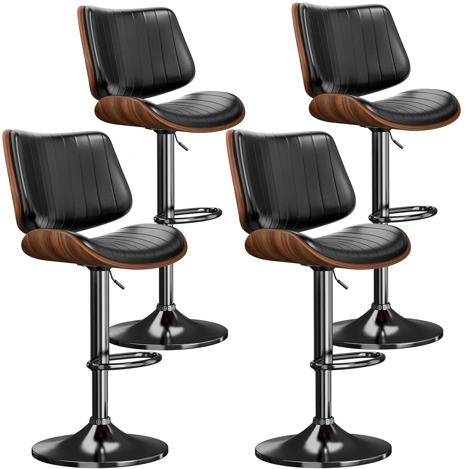 

Adjustable Swivel Bar Stools Set of 4 Bentwood PU Leather Kitchen Counter Chair w/ Back Footrest Black Customized