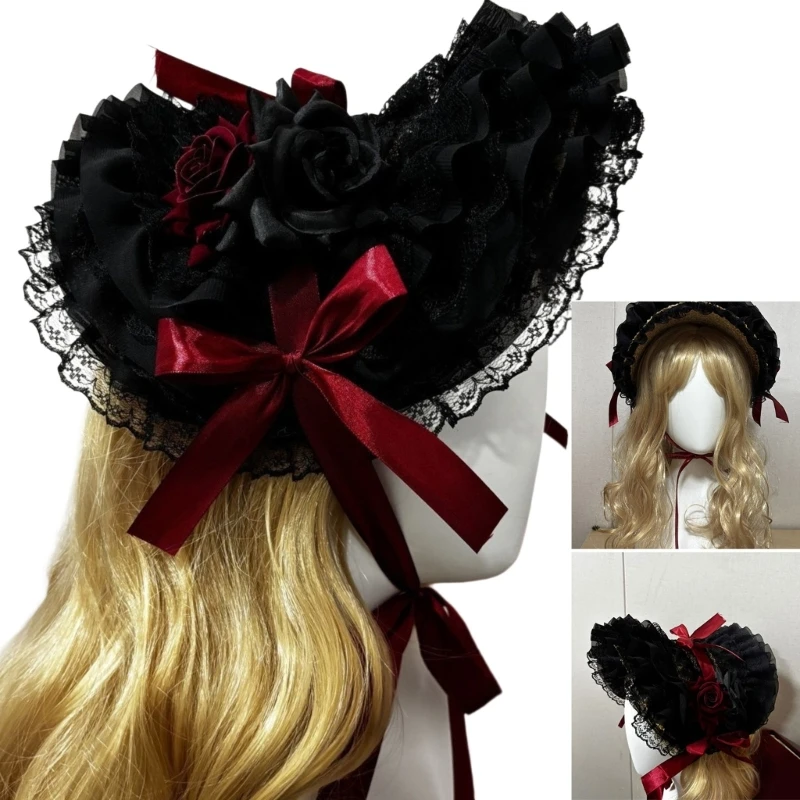 

E15F Punk Theme Straw Hat With Ribbon Tie Lace Trim Bowknot Hat for Halloween Event