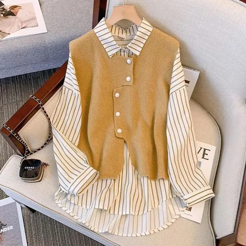 Oversized Women's Shirt Vest Fake Two-piece Set High-grade Spring Autumn Base Shirts Female Casual Striped Blouse Outerwear 4XL