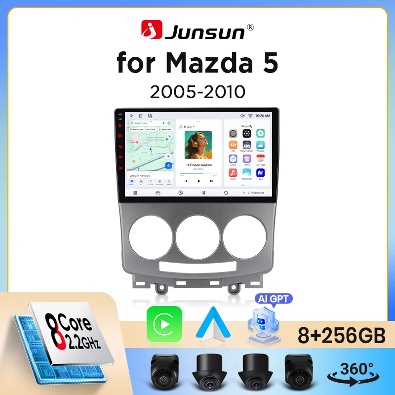 Junsun Wireless CarPlay Android Auto Autoradio für Mazda 5 (CR) 2005-2010 mit integriertem Lüfter, Android GPS-Navigation, Multimedia-Player, WiFi, DSP, RDS, BT, SWC, IPS-Touchscreen, Autoradio,