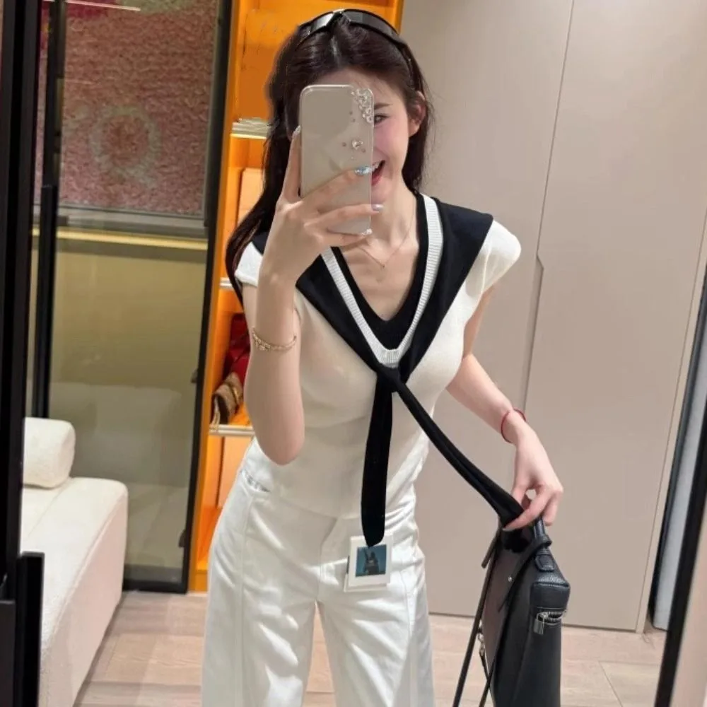 

Lace-up Fake Two Pieces T-shirts V-neck Patchwork Slim Knit Crop Top Korean Style Short Sleeve Sweet Girl's Tees Top Summer