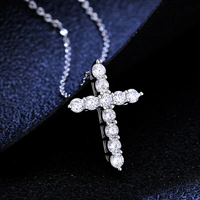 Lycfn 2.5-5mm Moissanite Cross Pendant Necklace 100% 925 Sterling Sliver Chain Plated 18k Gold Fine Necklace for Women Jewelry