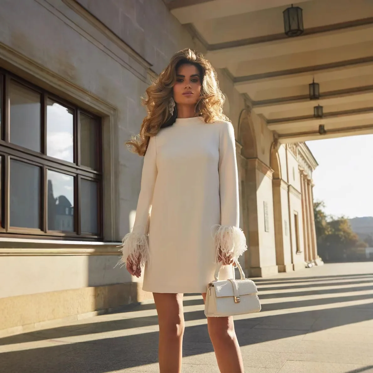 

Feather Patchwork Long Sleeve Mini Dress Women High Collar Loose Elegant Casual Zipper A-line 2024 Autumn White Ladies Dress
