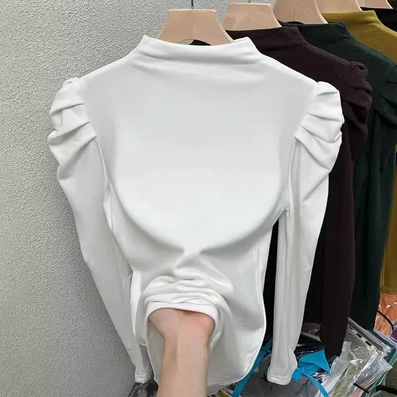 Half Height Collar Solid Color Pleated Bottoming Shirt Female Autumn Winter Slim All-match Interior Lapping Top Tee T-Shirts