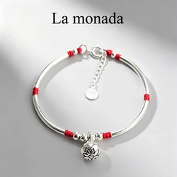 925 Sterling Silver Red Thread Bracelet For Women Handmade Bell Tube Rope Bracelet With Silver Beads Adjustable Lucky Cord