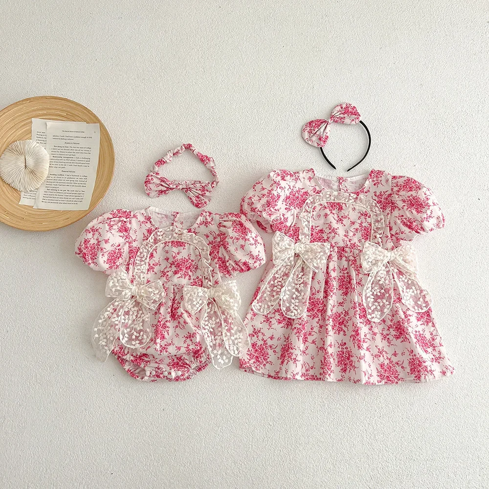 

Newborn Lace Clothes Big Sister Little Sister Matching Cute Outfit Toddler Girl Short Sleeve Bodysuit Romper Baby Girls Dresses