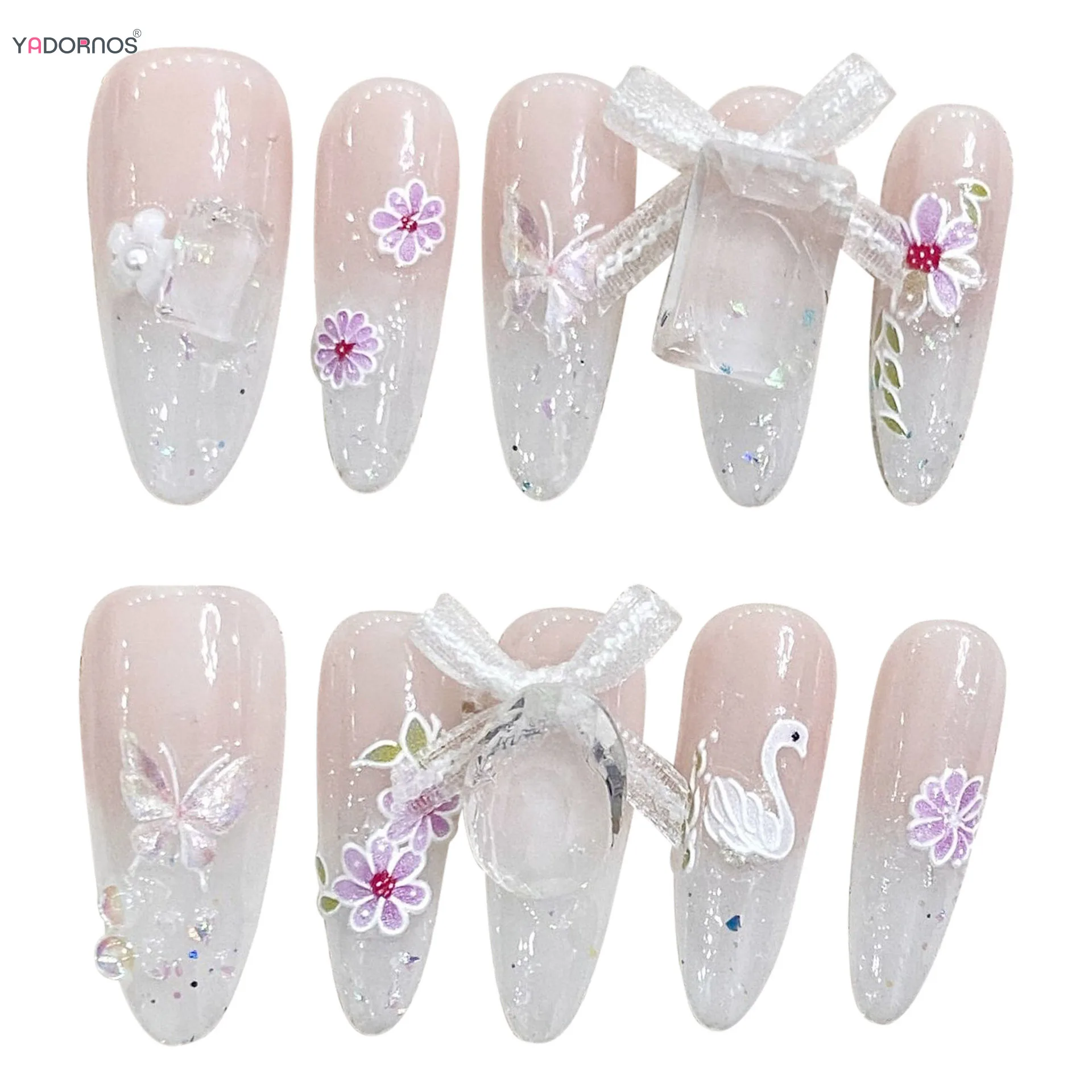 Uñas postizas de almendra larga, manicura de estilo francés, Rosa degradado, lazo hecho a mano, presione sobre la uña con flor, decoración de diamantes brillantes
