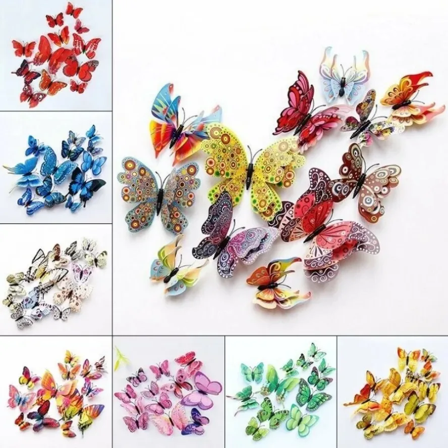 12 Pcs 3D Butterfly Wall Stickers Home Decoration Three-Dimensional Double Layer