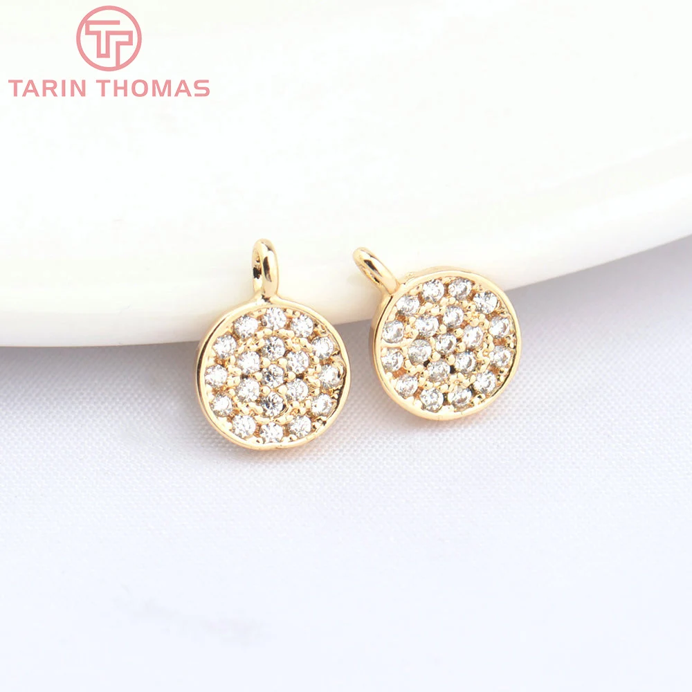 (1603) 4PCS 7.2MM 24K Gold Color Brass with Zircon Round Charms Pendants High Quality Diy Jewelry Findings Accessories Wholesale