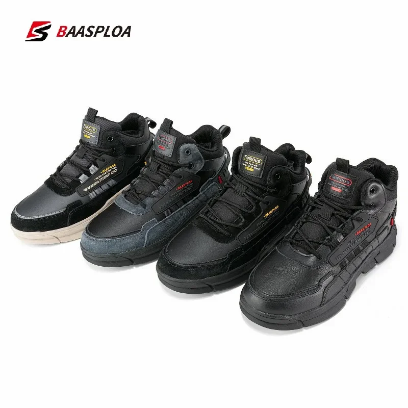 Baasploa Men Winter Cotton Shoes Leather Waterproof Snow Ankle Boots for Men Fashion Plush Warm Casual Sneakers Non-Slip Outdoor