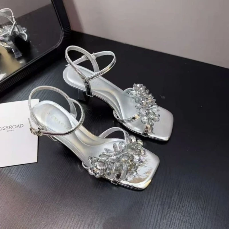 

Crystal Women Sandals New Luxury High Heels Shoes Square Toe Summer Slippers 2026 Sexy Brand Woman Slingback Pumps
