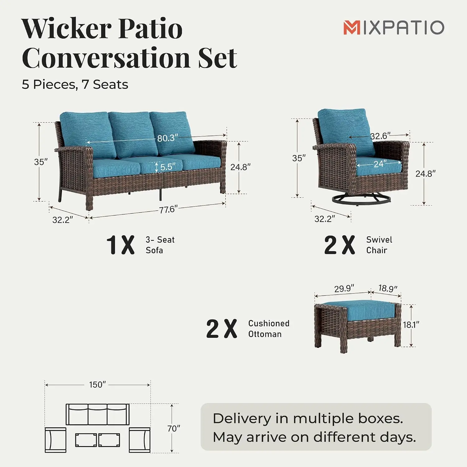 High Back Swivel Patio Furniture Set 5-Piece Outdoor Dining Blue, Customized