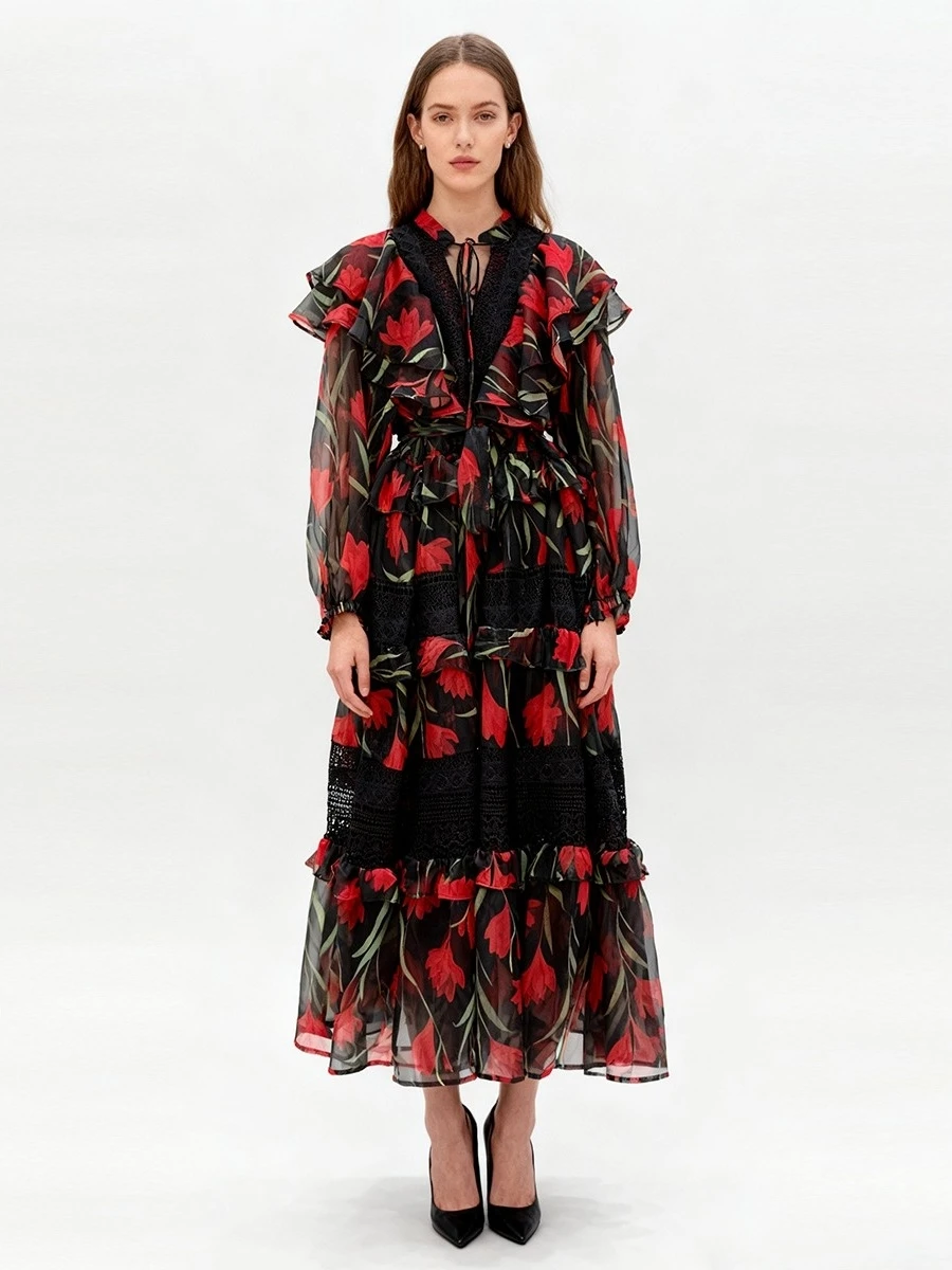 

Новая осенняя женская модная полиэстеровая миди-платье с V-образным вырезом, длинными рукавами, цветочным принтом и расклешенным подолом