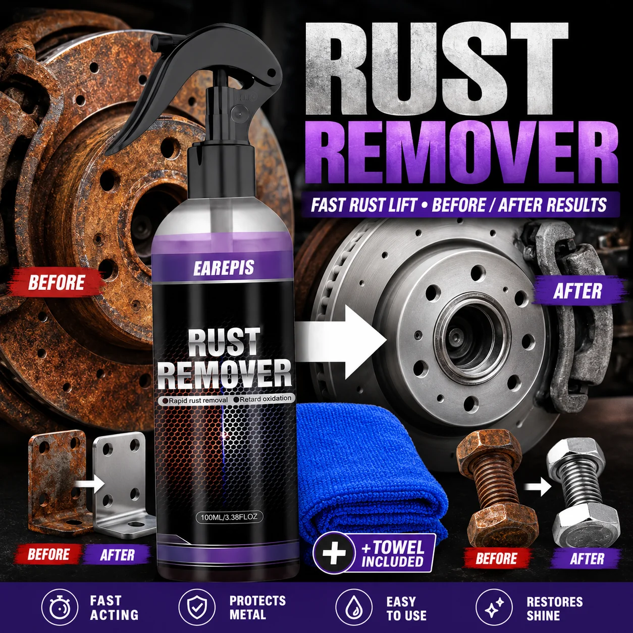 Spray antirouille pour voiture - Entretien des échappements et des jantes, élimination de la rouille et protection de surface sur les plaquettes de frein et les surfaces métalliques en fer.