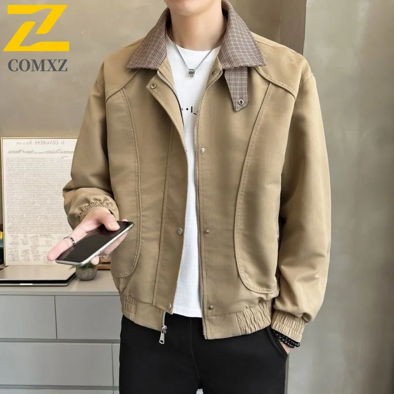 

COMXZ 2025 Men's American Vintage Solid Color Stand Collar Jacket Spring Casual Trendy Versatile Loose Fit Coat