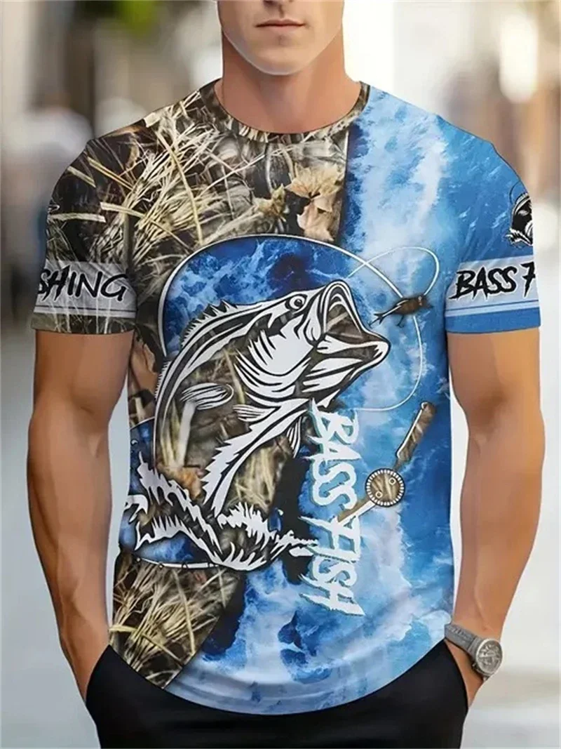 Men's Bass Fishing Camo Print T Shirt Casual O-Neck Short Sleeve Tees Split Design Graphic Tops Anglers and Outdoor Activities