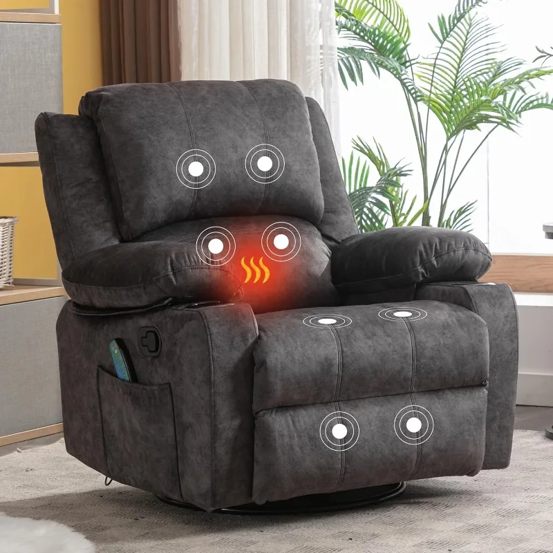 Massage Recliner Chair for Adults 360°Swivel Rocker Recliner Chair with 8Point Massage and Heat, Oversized Soft Fabric Recliner