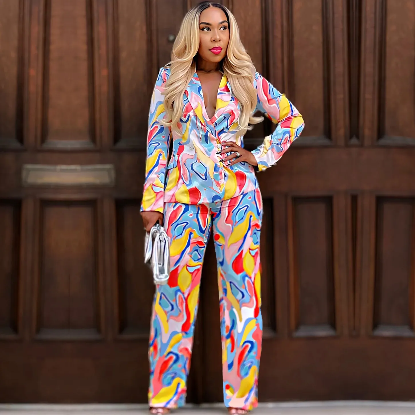 2 Pieces Women\'s Sets 2024 Autumn Winter Long Sleeve Print Blazers Suit Tops And Pants Suits Two Piece Set Tracksuit Outfit