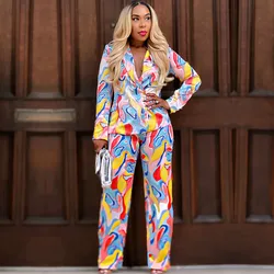 2 Pieces Women's Sets 2024 Autumn Winter Long Sleeve Print Blazers Suit Tops And Pants Suits Two Piece Set Tracksuit Outfit