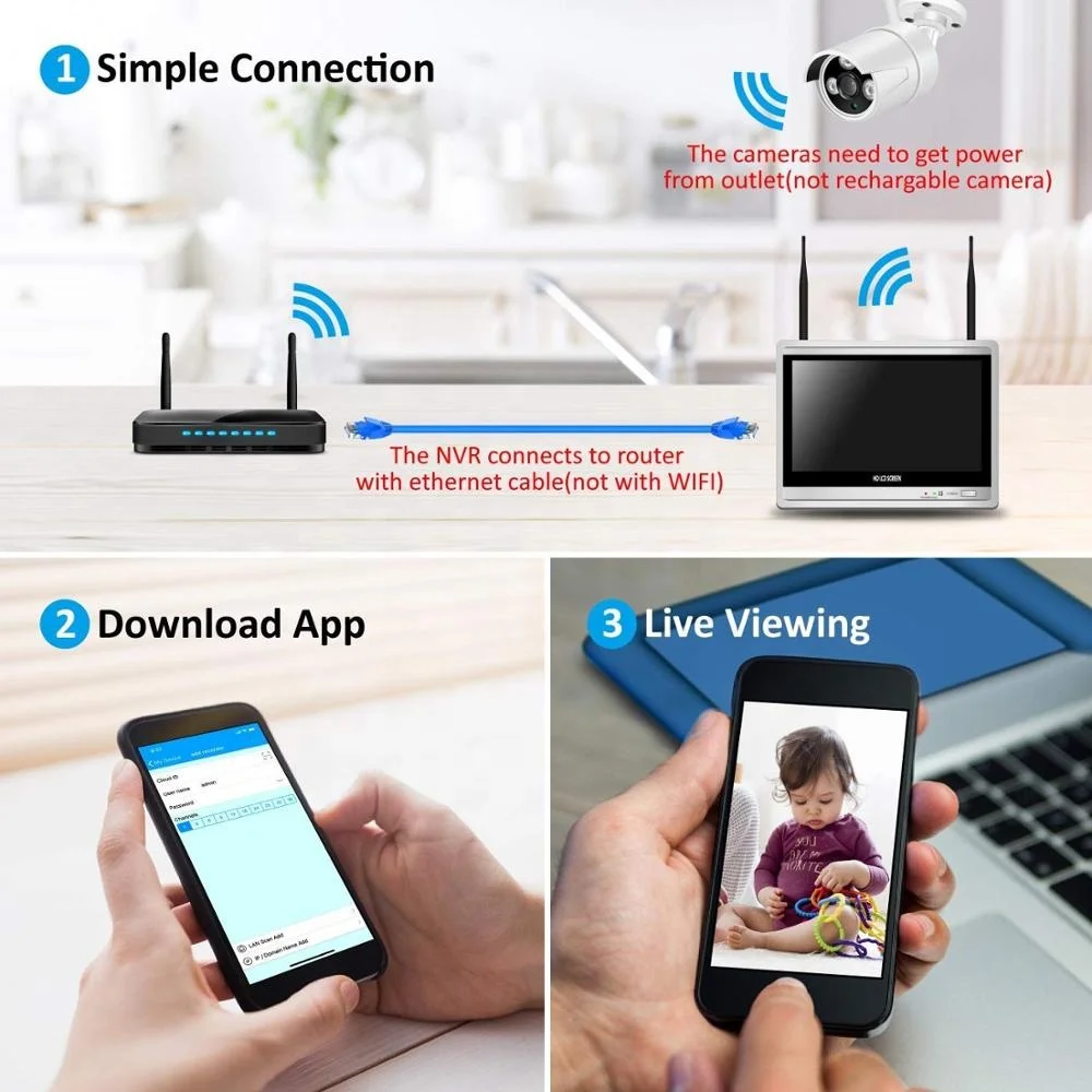 8CH 1080P NVR inalámbrico 12 \ "LCD 2MP sistema de seguridad exterior para el hogar WiFi cámara CCTV Kit de videovigilancia datos de tarjeta SD