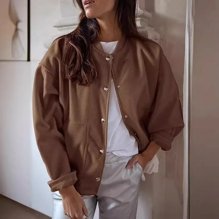 Blouson aviateur à manches longues pour femme, veste courte boutonnée, combb de poche, mode décontractée, automne et hiver