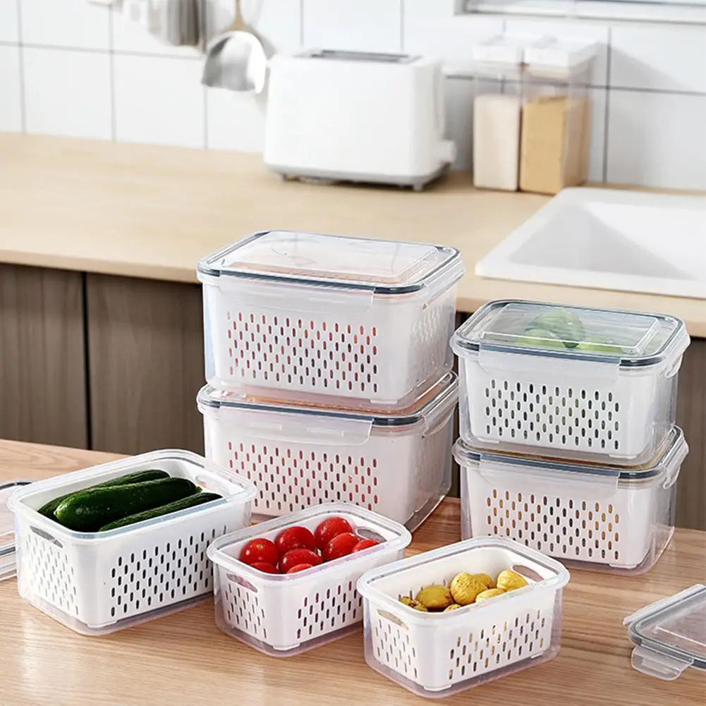 Refrigerator Storage Box Fridge Organizer Vegetable Fruit Fresh Boxes Drain Basket Storage Containers Pantry Kitchen Organizer