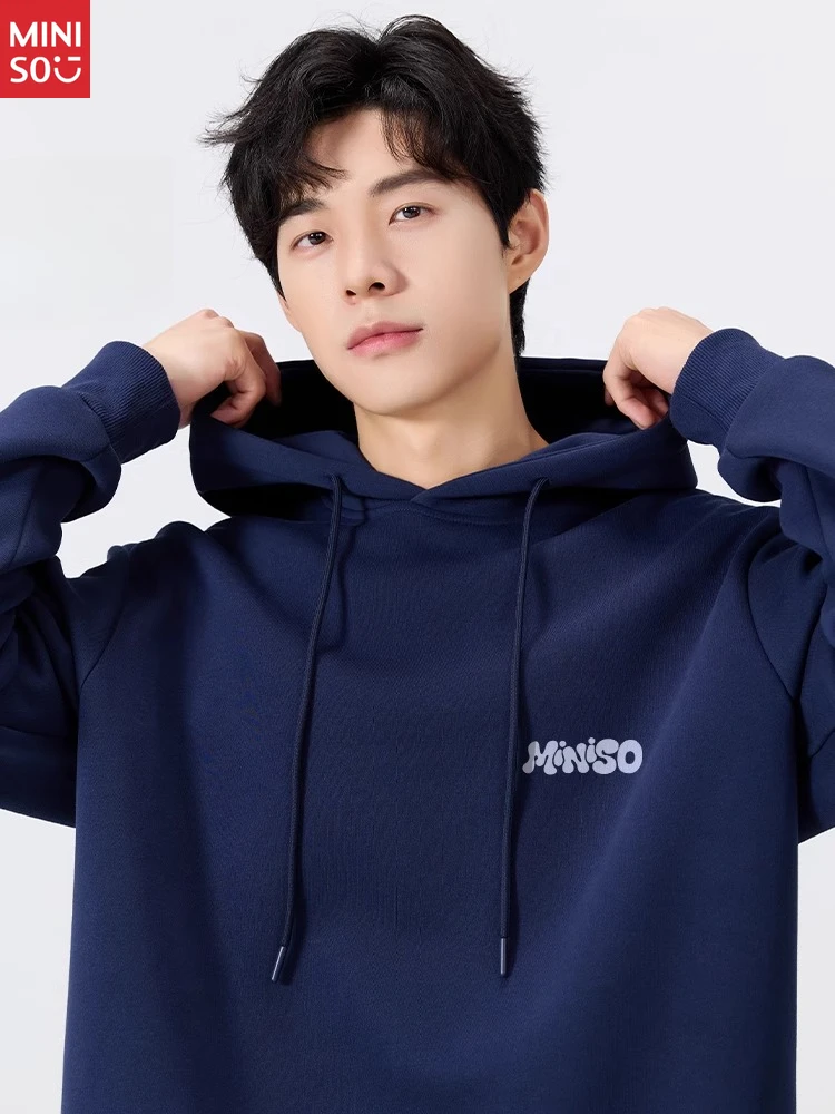 

MINISO luminous chest label hooded sweater men's early autumn American ins style letter jumper navy blue jacket