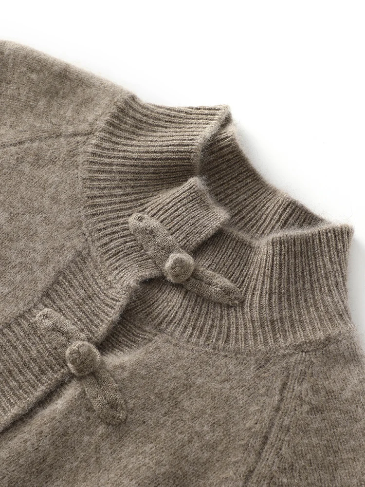 

Autumn Winter Women Chinese style Buttoned Sweater Pullovers 100% Merino Wool Tops Sweater Mockneck Long Sleeve Knitwear