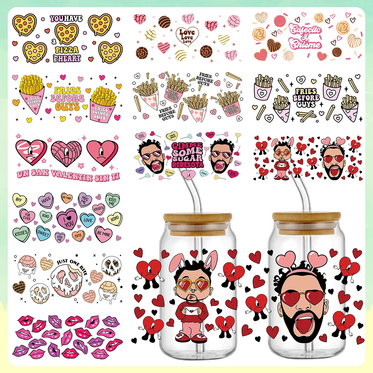 Factory custom waterproof uv dtf cup wrap transfers 16oz glass Valentines designs sticker decals uv dtf transfers for cups wraps