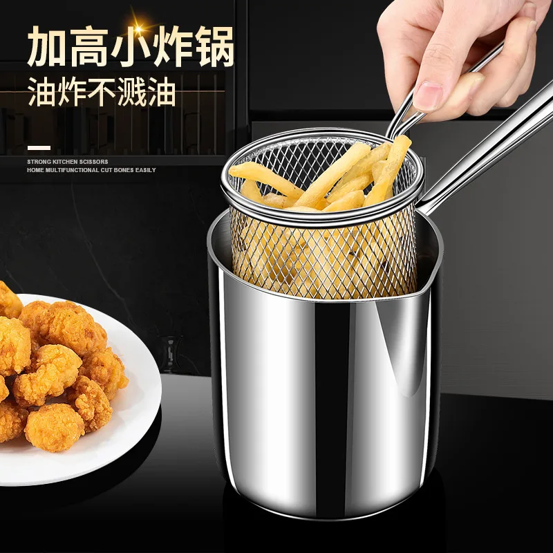 Deep-fried household 304 stainless steel kitchen oil-saving mini fryer tempura with filter screen deep-fried small deep pan