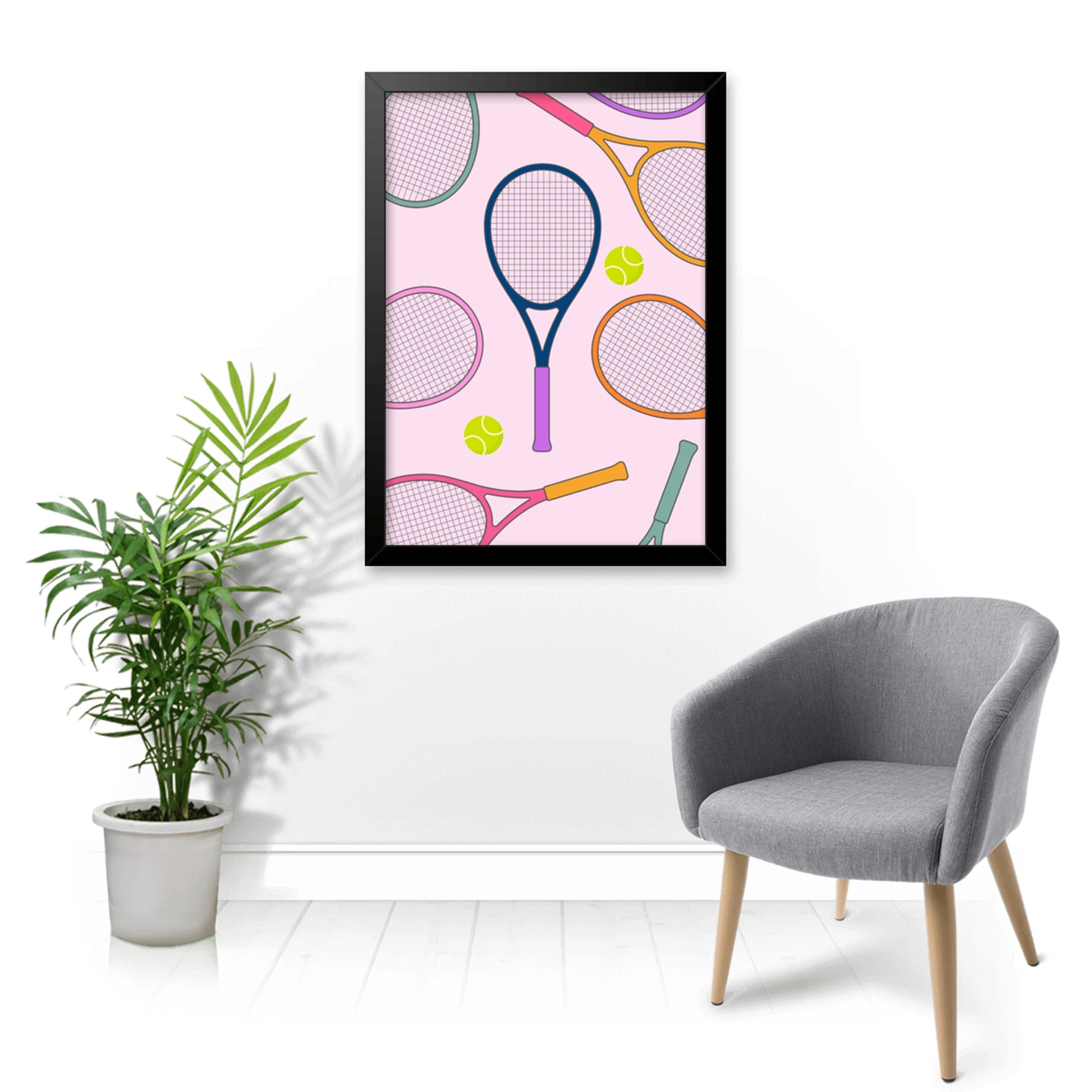 Modern Pink Background Colorful Tennis Racket Wall Art Print Canvas Painting Poster Picture For Living Room,Bedroom Home Decor