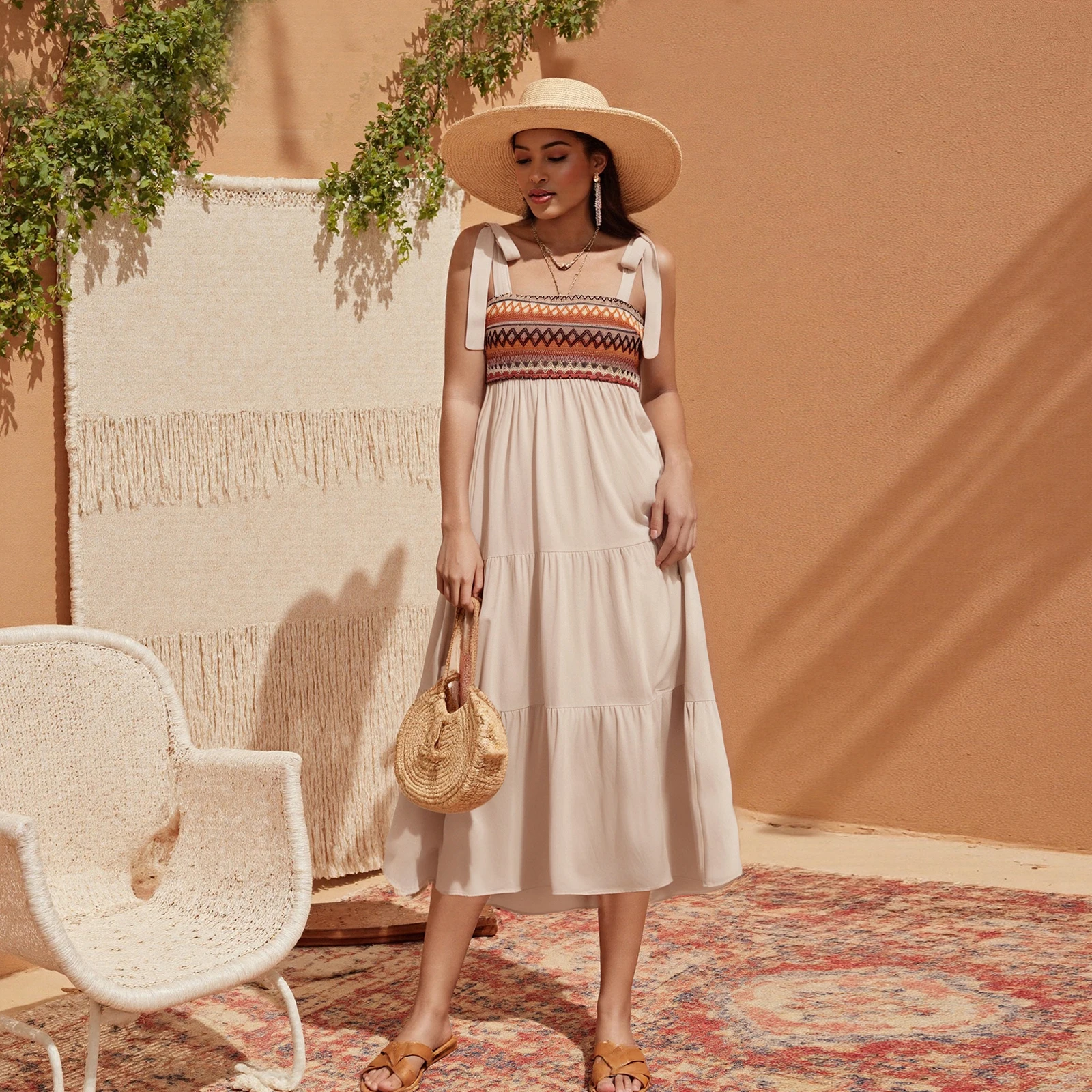 Vestido feminino boho com gravata e ombro, estampa geométrica, pescoço quadrado, sem mangas, costas abertas, linha A, vestido midi com babados em camadas