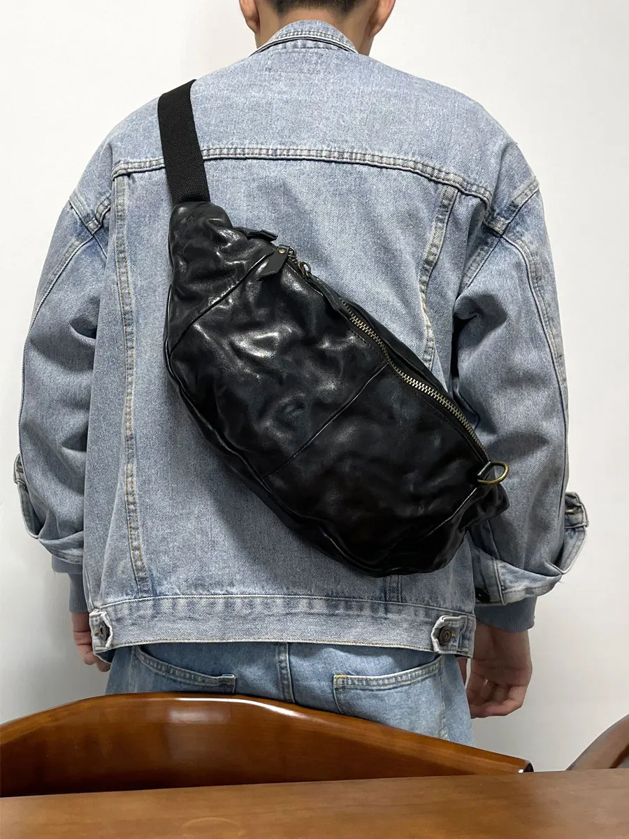 fashion vegetable tanned cowhide men large chest bag genuine leather shoulder bag outdoor casual travel motorcycle crossbody bag