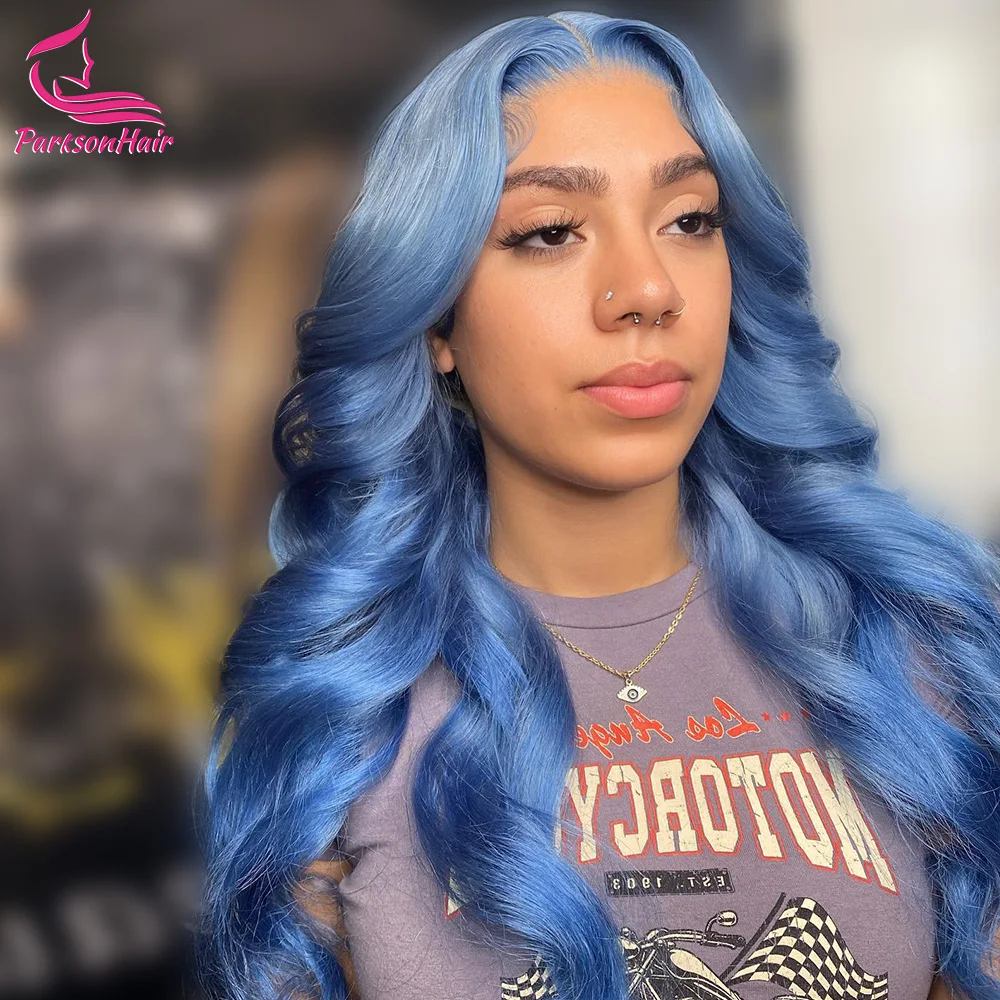 

Body Wave Light Blue Colored Lace Frontal Human Hair Wigs Brazilian Pre Plucked 13x6 13x4 Transparent Lace Front Wig For Women