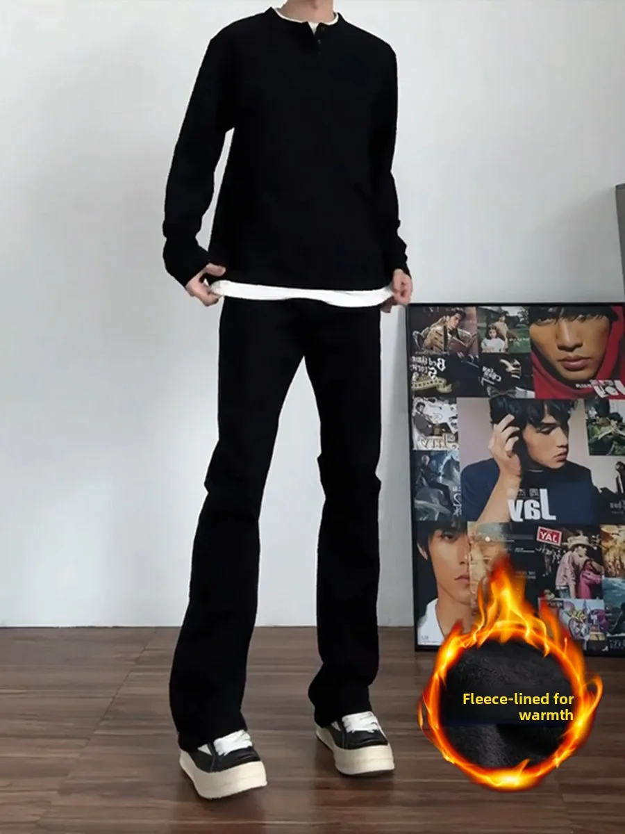 

Cleanfit Men's Bla Fce Lined Slim Straight Thi Denim Jeans High Street Sle Autumn Winter Faion Youth Trendy Trousers