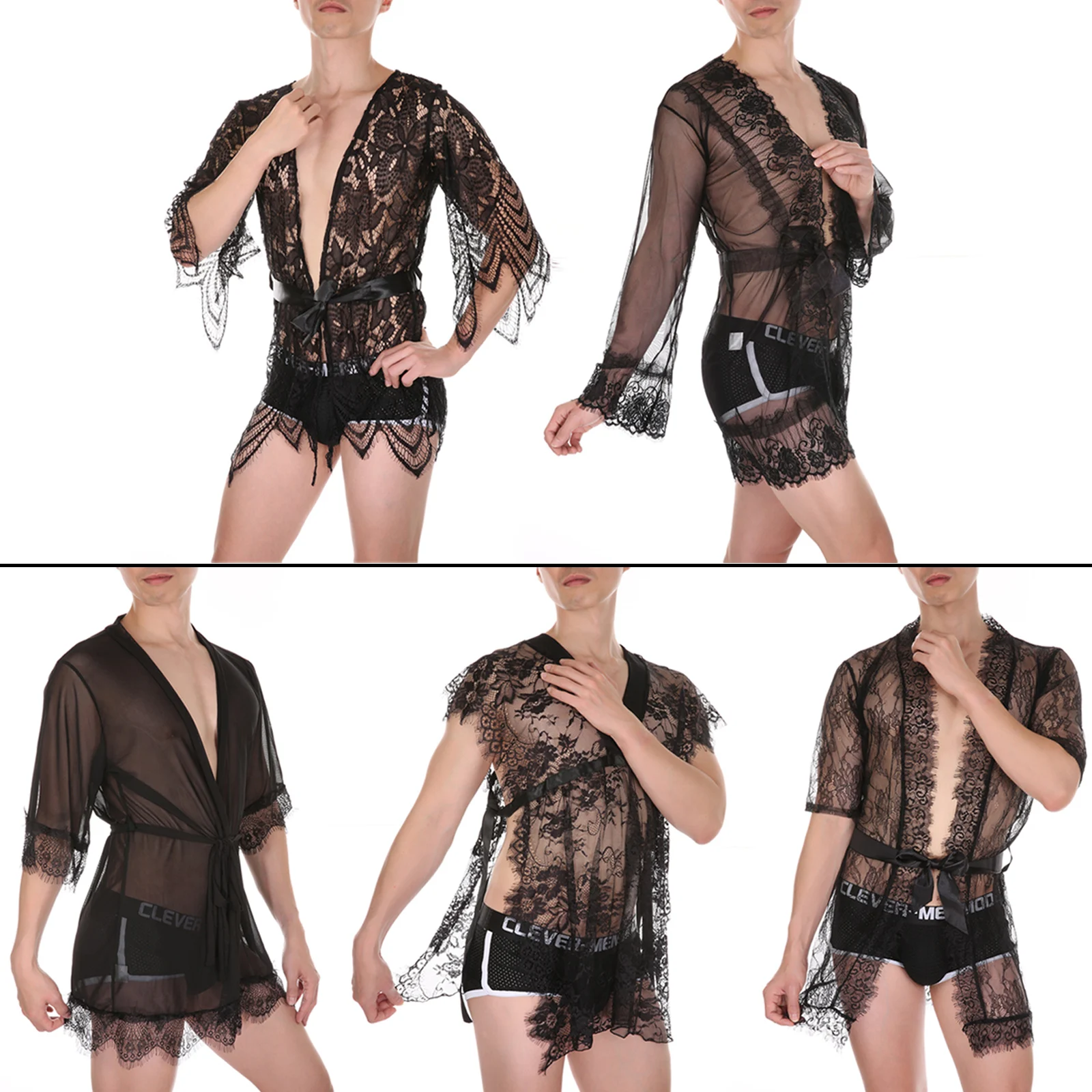 

Мужской сексуальный кружевной халат с вырезом Сетчатая прозрачная ночная рубашка Домашняя одежда для взрослых Пижама для секса Глубокий V-образный вырез Домашняя одежда